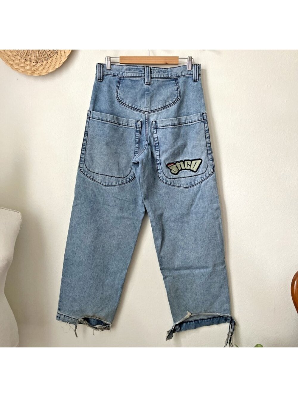 Vtg Jnco Jeans THRASHED 32x32 the low down grafitti patch skater light wash